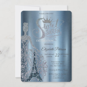 Convites Vestido, Tiara, Diamantes Torre Eiffel Azul Sweet