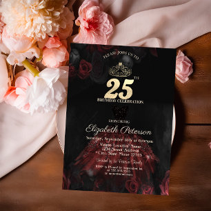 Convites Vestido,Tiara,Rosas Vermelhas 25º Aniversário