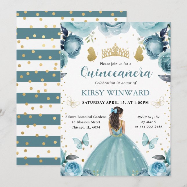 Convites Vestido Turquesa Cabelo Castanho Princesa Quincean (Frente/Verso)