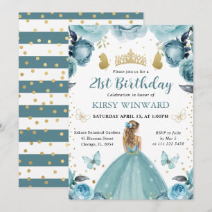Convites Vestido Turquesa Cabelo Loiro Princesa Aniversário