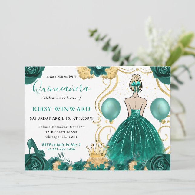 Convites Vestido Turquesa Cabelo Loiro Princesa Quinceanera (Em pé/Frente)