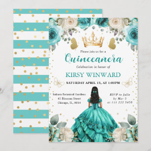 Convites Vestido Turquesa Cabelo Preto Princesa Quinceanera