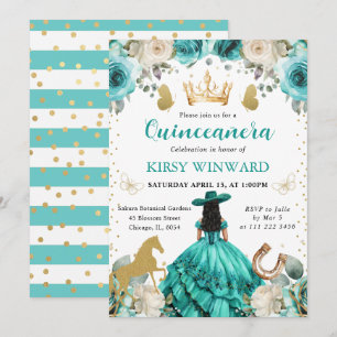 Convites Vestido Turquesa Cabelo Preto Princesa Quinceanera