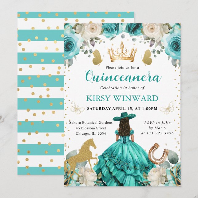 Convites Vestido Turquesa Morena Princesa Quinceanera (Frente/Verso)