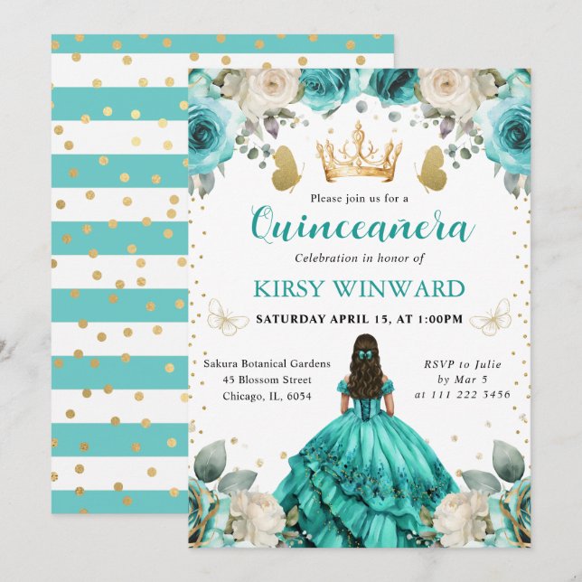 Convites Vestido Turquesa Morena Princesa Quinceanera (Frente/Verso)