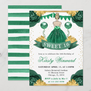 Convites Vestido Verde Aquarela Princesa Loira Sweet 16