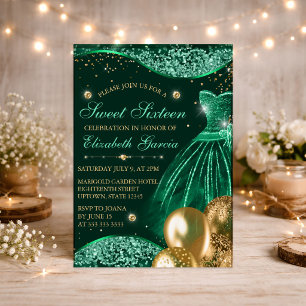 Convites Vestido Verde & Balões de Brilho Dourado Doce 16
