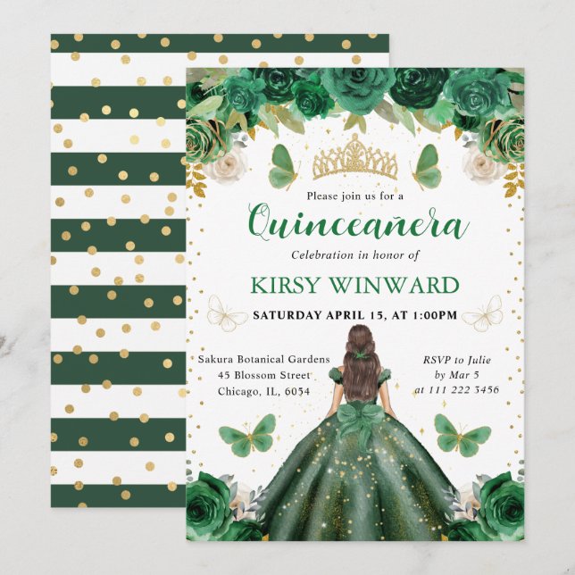 Convites Vestido Verde Brunette Princess Quinceanera (Frente/Verso)
