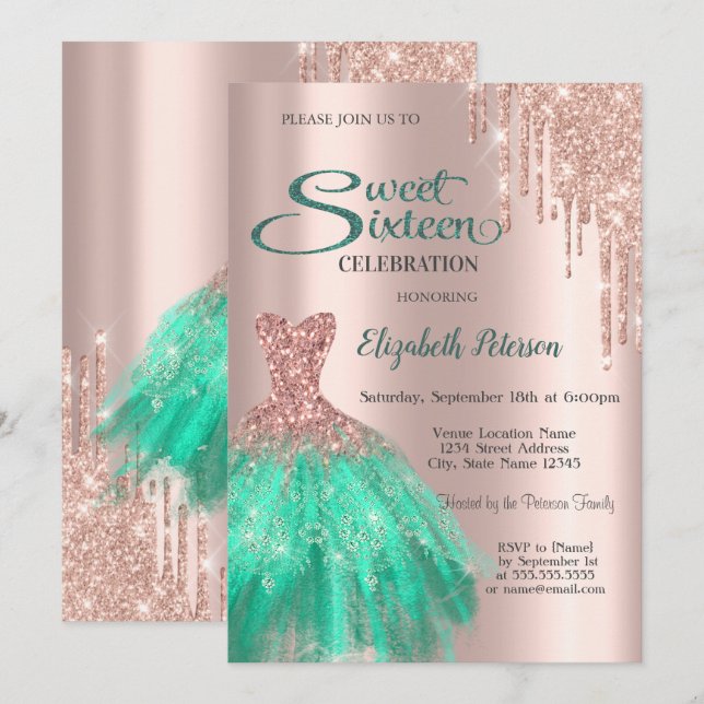 Convites Vestido Verde Dourado Rosa Sweet 16 (Frente/Verso)