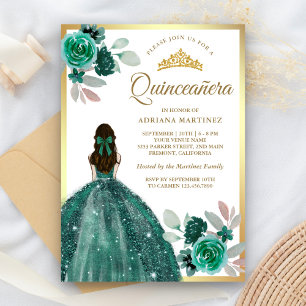 Convites Vestido Verde Esmeralda Floral Dourado Quinceanera