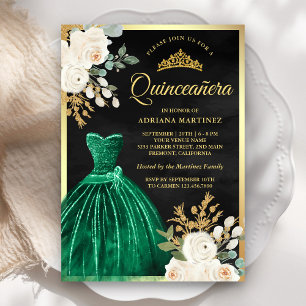 Convites Vestido Verde Esmeralda Floral Preto Dourado Quinc