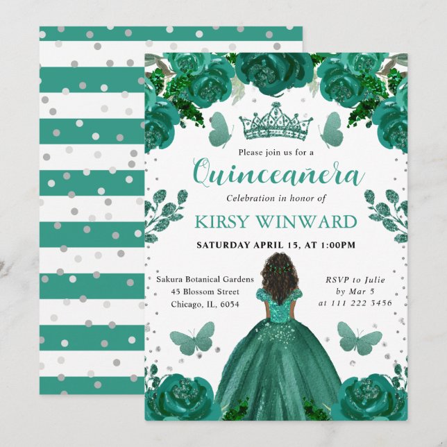 Convites Vestido Verde Esmeralda Princesa de Pele Morena Qu (Frente/Verso)