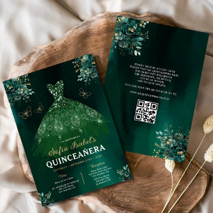 Convites Vestido Verde Floral Código QR Quinceanera