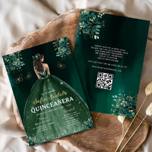 Convites Vestido Verde Floral Código QR Quinceanera