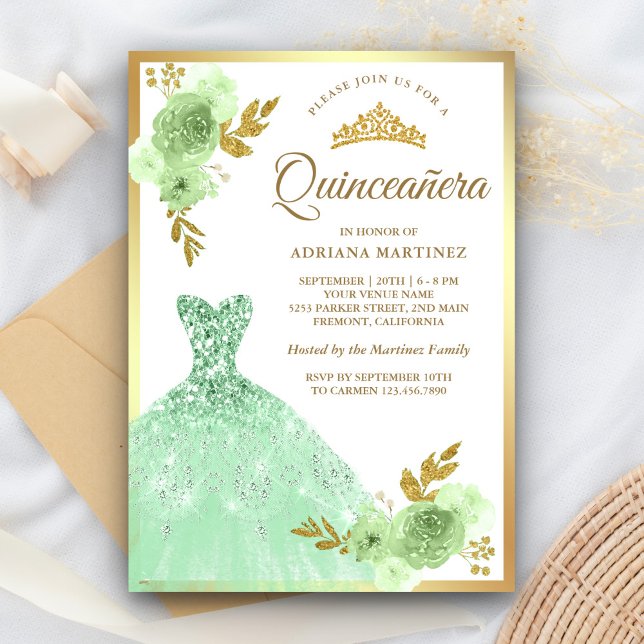Convites Vestido Verde Menta com Brilho Floral Dourado Quin (Criador carregado)