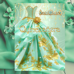 Convites Vestido Verde-Menta Dourado Festa de Aniversário d