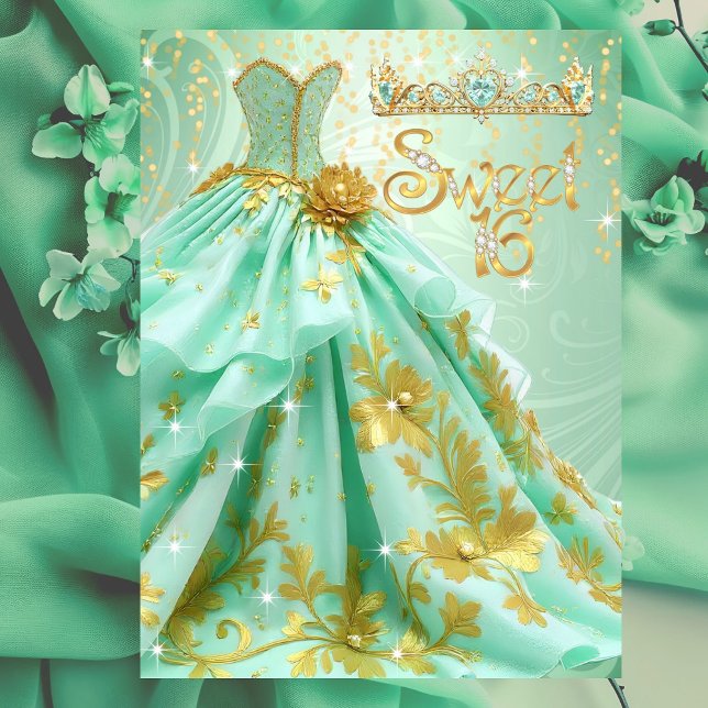 Convites Vestido Verde-Menta Dourado para Festa de Aniversá (Criador carregado)