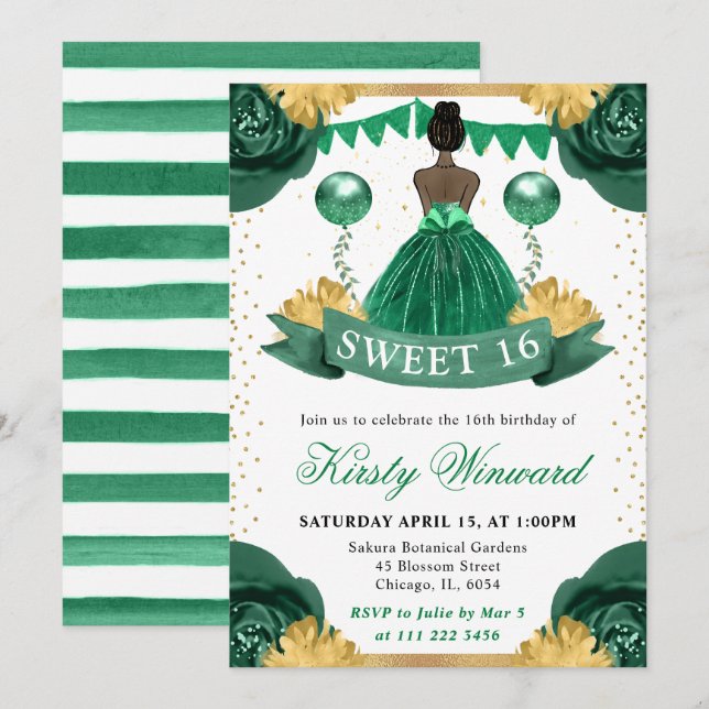 Convites Vestido Verde Princesa de Pele Morena Sweet 16 (Frente/Verso)