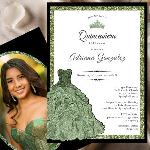 Convites Vestido Verde Sage e Tiara Personalizado Foto Quin