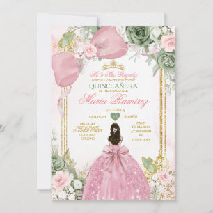 Convites Vestido Verde Sage Floral Rosa Princesa Quinceañer