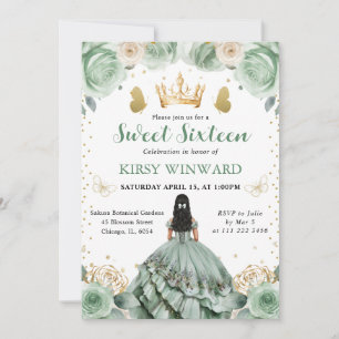 Convites Vestido Verde Sage Princesa de Cabelo Preto Sweet