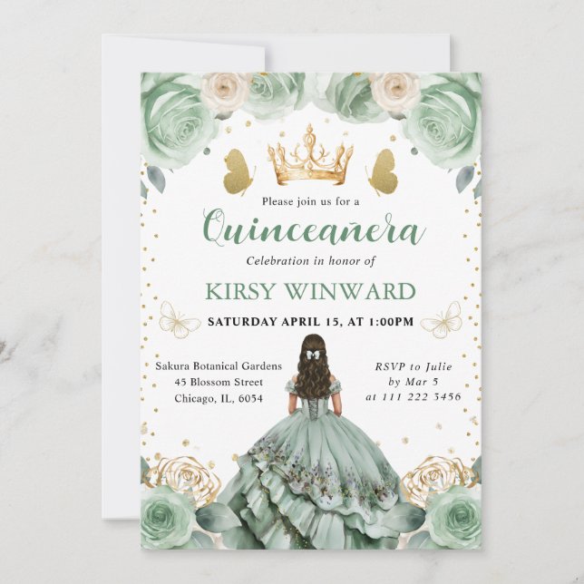 Convites Vestido Verde Sage Princesa Morena Quinceanera (Frente)