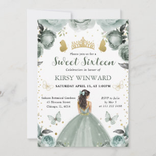 Convites Vestido Verde Sage Princesa Morena Sweet 16