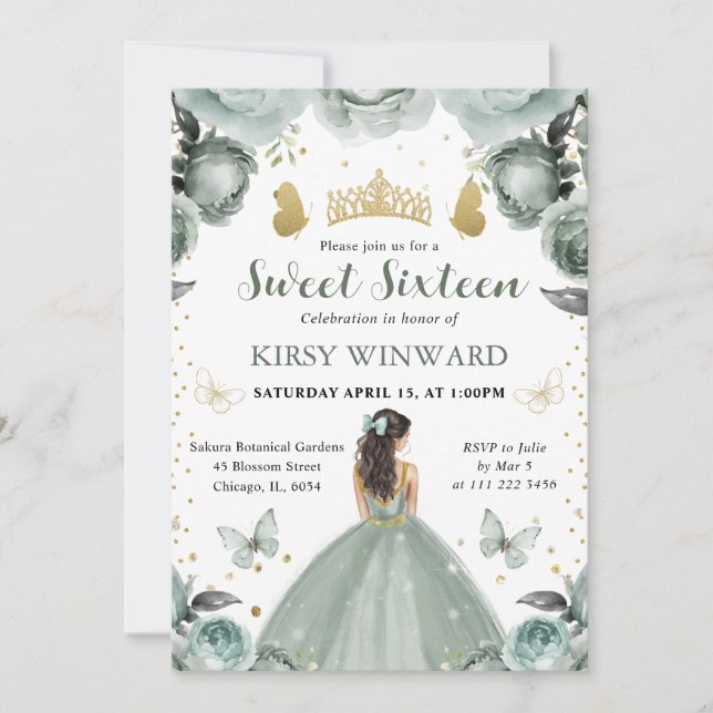 Convites Vestido Verde Sage Princesa Morena Sweet 16 (Frente)