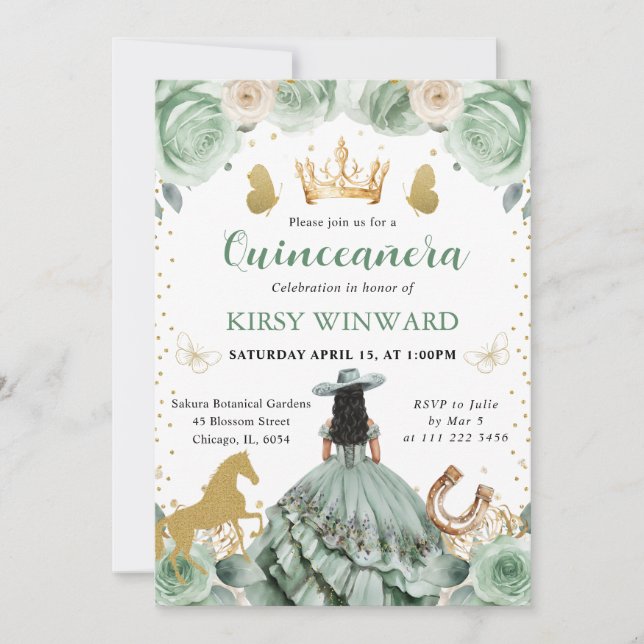 Convites Vestido Verde Sage Princesa Ocidental Quinceanera (Frente)
