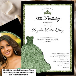 Convites Vestido Verde Sálvia e Tiara 18º Aniversário Debut