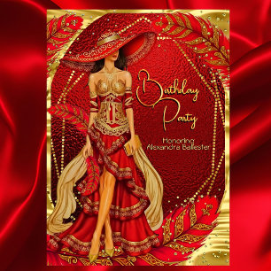 Convites Vestido Vermelho Dourado Exótico Deslumbrante Pena