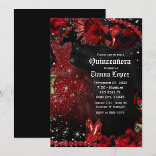 Convites Vestido Vermelho e Preto Máscara Quinceañera Festa