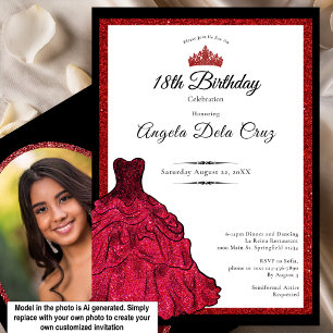 Convites Vestido Vermelho e Tiara Debut de 18 Anos
