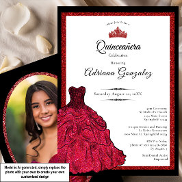 Convites Vestido Vermelho e Tiara Foto Personalizada Quince