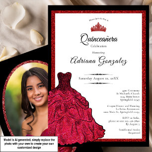 Convites Vestido Vermelho e Tiara Foto Personalizada Quince