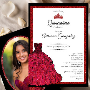 Convites Vestido Vermelho e Tiara Foto Personalizada Quince