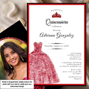Convites Vestido vermelho elegante 15º aniversário Quincean