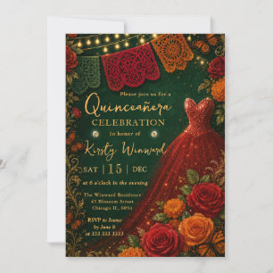 Convites Vestido Vermelho Floral Fiesta Mexicana Quinceaner