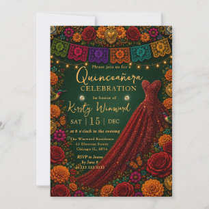 Convites Vestido Vermelho Floral Fiesta Mexicana Quinceaner