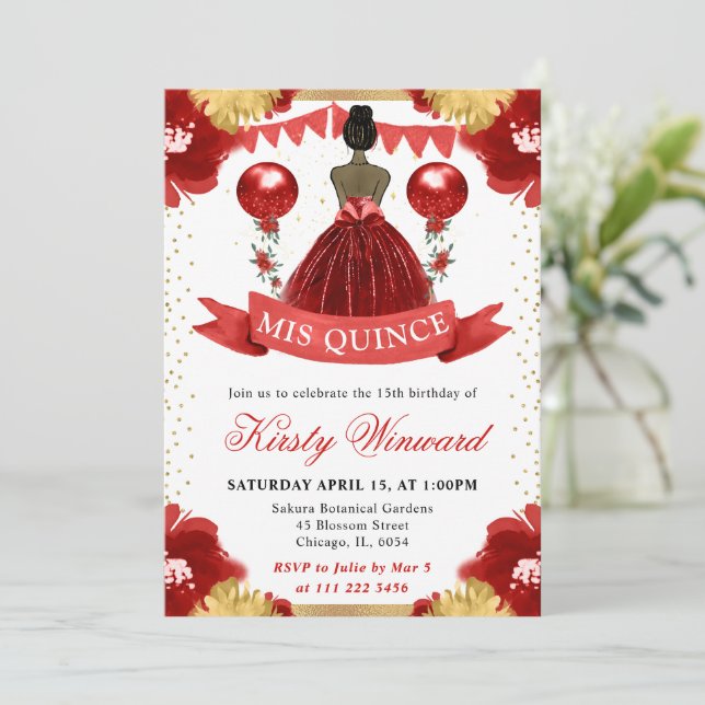 Convites Vestido Vermelho Princesa de Pele Morena Quinze An (Em pé/Frente)