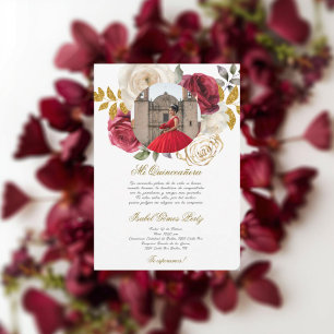 Convites Vestido vermelho Quinceanera com imagem em espanho