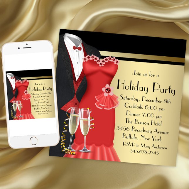 Convites Vestido Vermelho Tuxedo Natal Elegante (Christmas party invitation for any occasion. Available for download and printed invitations.)