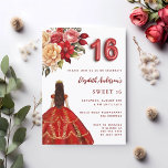 Convites Vestidos de ouro vermelho doce 16 florais rosas br<br><div class="desc">Um convite moderno, na moda e glamouroso para uma doce festa de aniversário 16, 16. Um fundo branco, uma garota vestindo um vestido vermelho e dourado e rosas vermelhos, cor-de-rosa e ouro, florais. O nome é escrito com um moderno estilo escrito à mão. Personalize e adicione os detalhes da sua...</div>