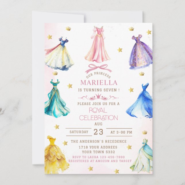 Convites Vestidos de princesa modernos aquarela menina real (Frente)