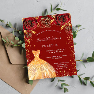 Convites Vestidos florais de glitter vermelho doce 16