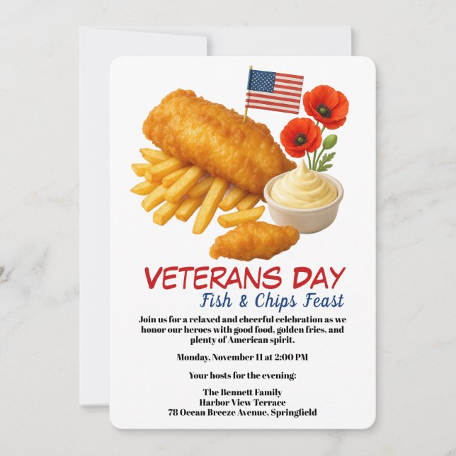 Convites Veterans Day | Fish and chips Celebration (Frente)