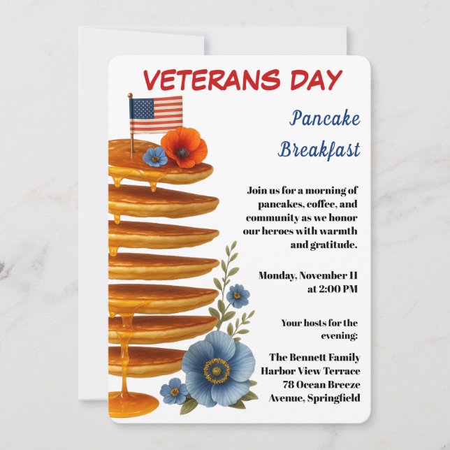 Convites Veterans Day | Pancake Breakfast Celebration (Frente)