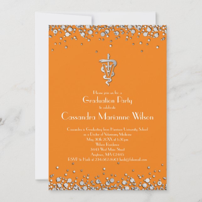 Convites Veterinarian Graduation Orange Silver (Frente)