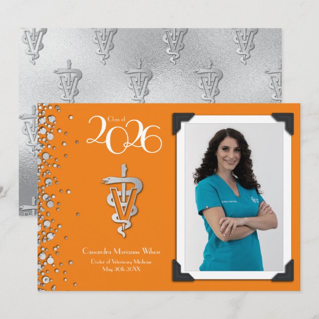 Convites Veterinarian Graduation Orange Silver Announcement (Frente/Verso)
