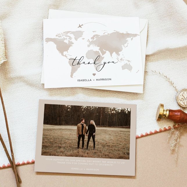 Convites VIAGEM CARMEN Adventure Beige Map Foto Muito Obrig (Criador carregado)